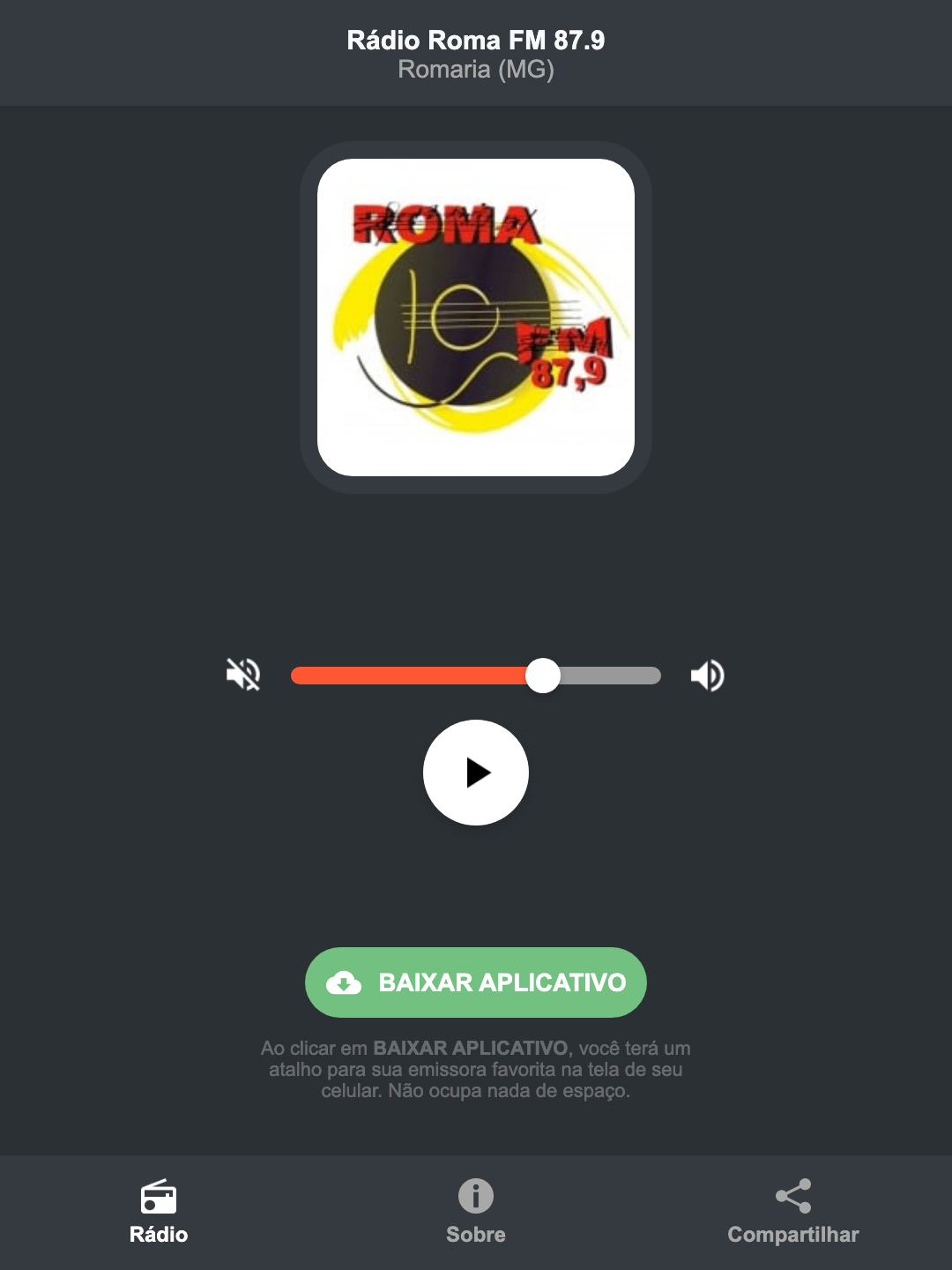 Screenshot do aplicativo da Rádio Roma FM 87.9