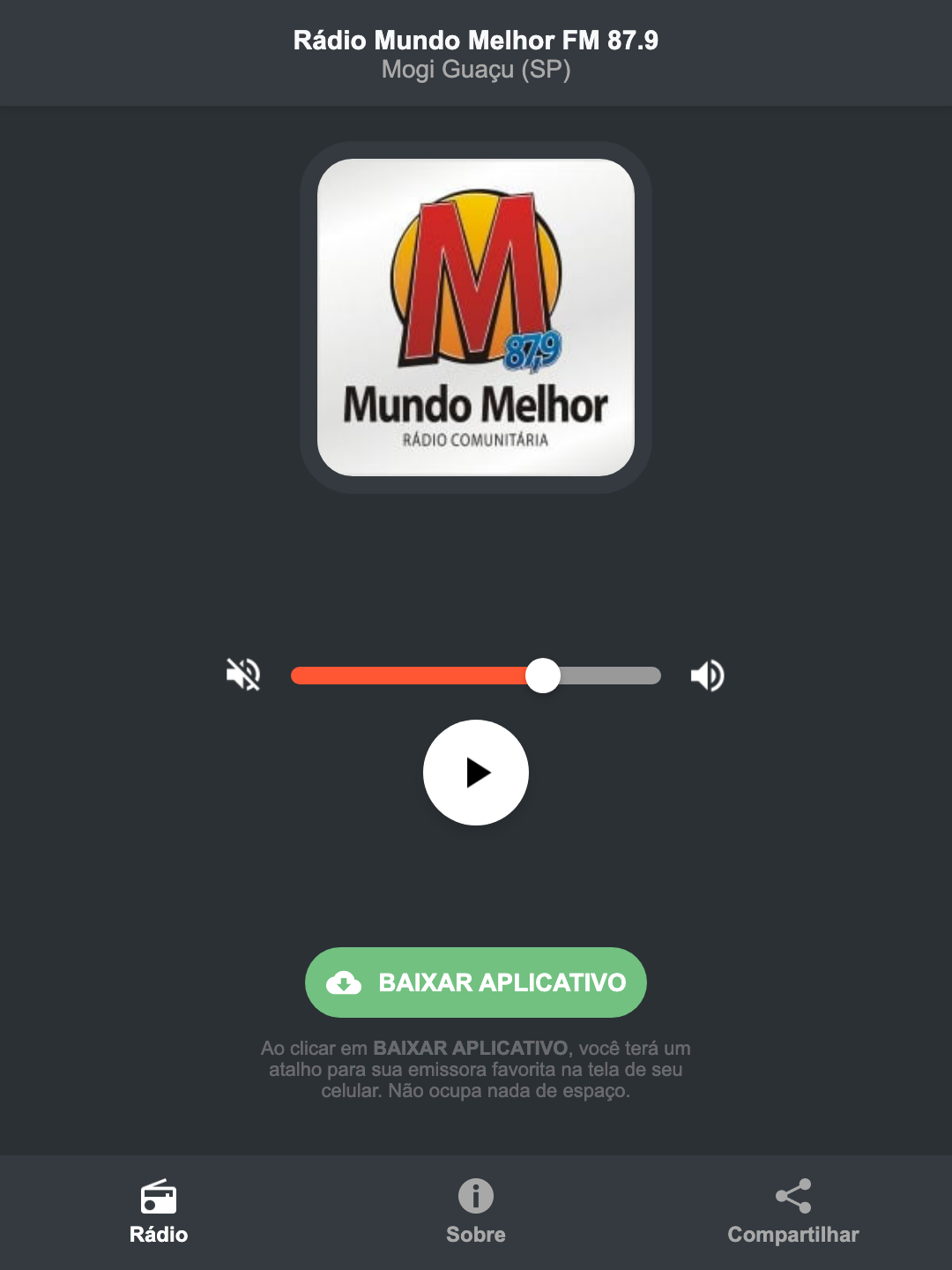 Screenshot do aplicativo da Rádio Mundo Melhor FM 87.9