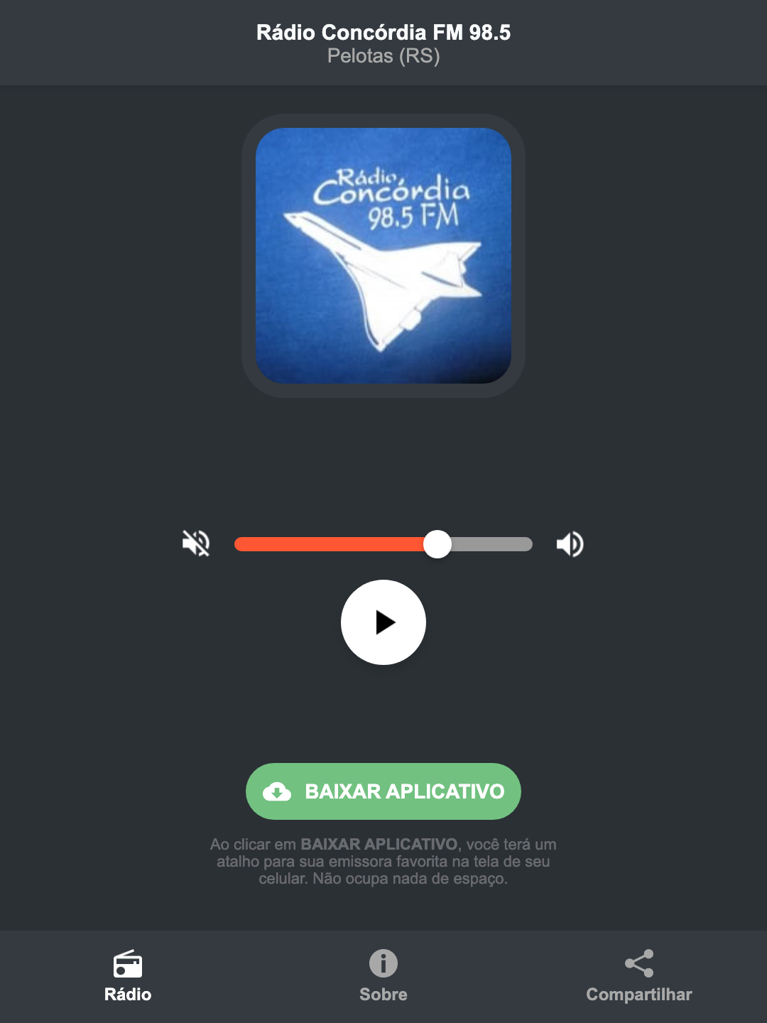 Screenshot do aplicativo da Rádio Concórdia FM 98.5
