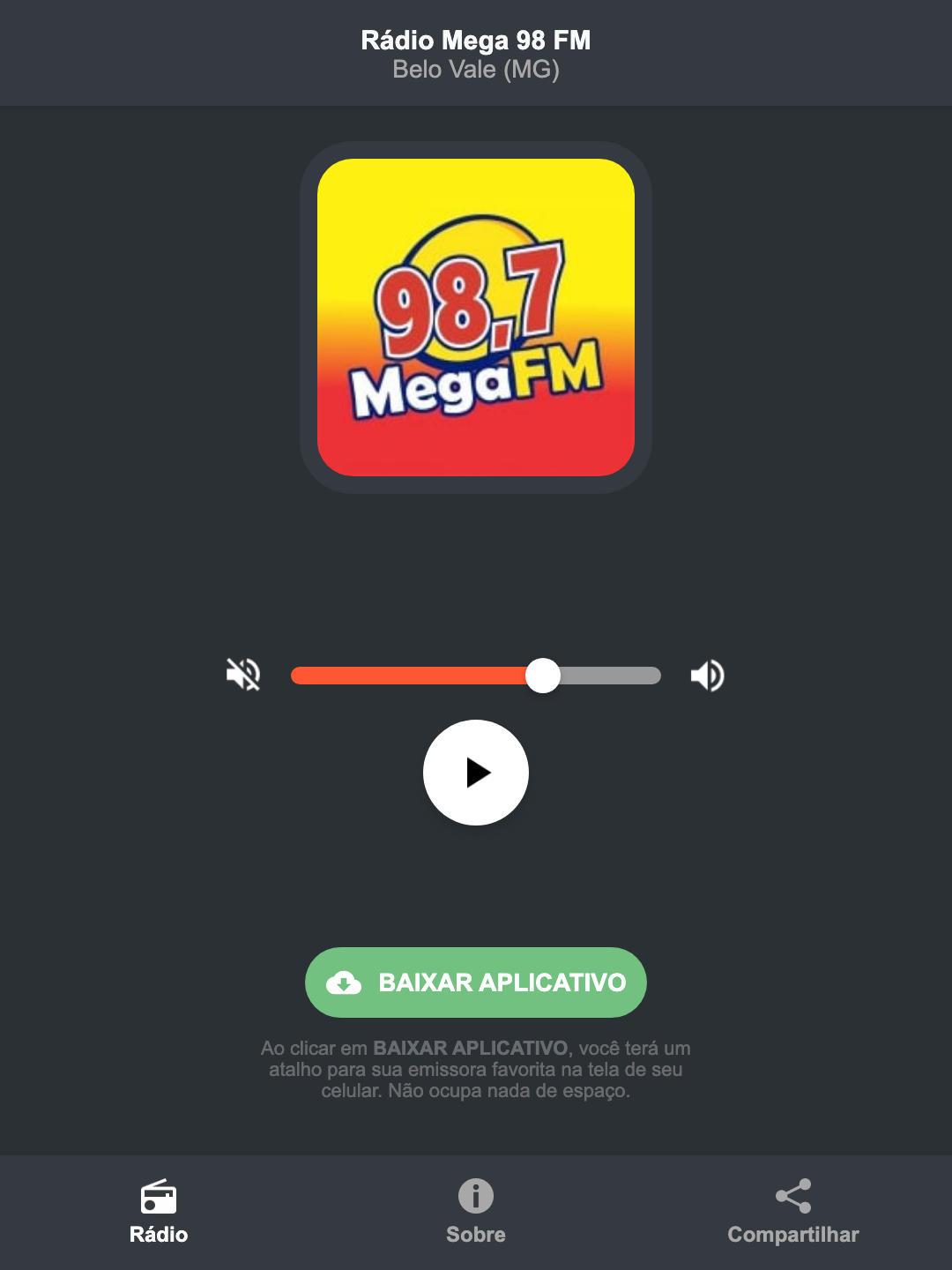 Screenshot do aplicativo da Rádio Mega 98 FM