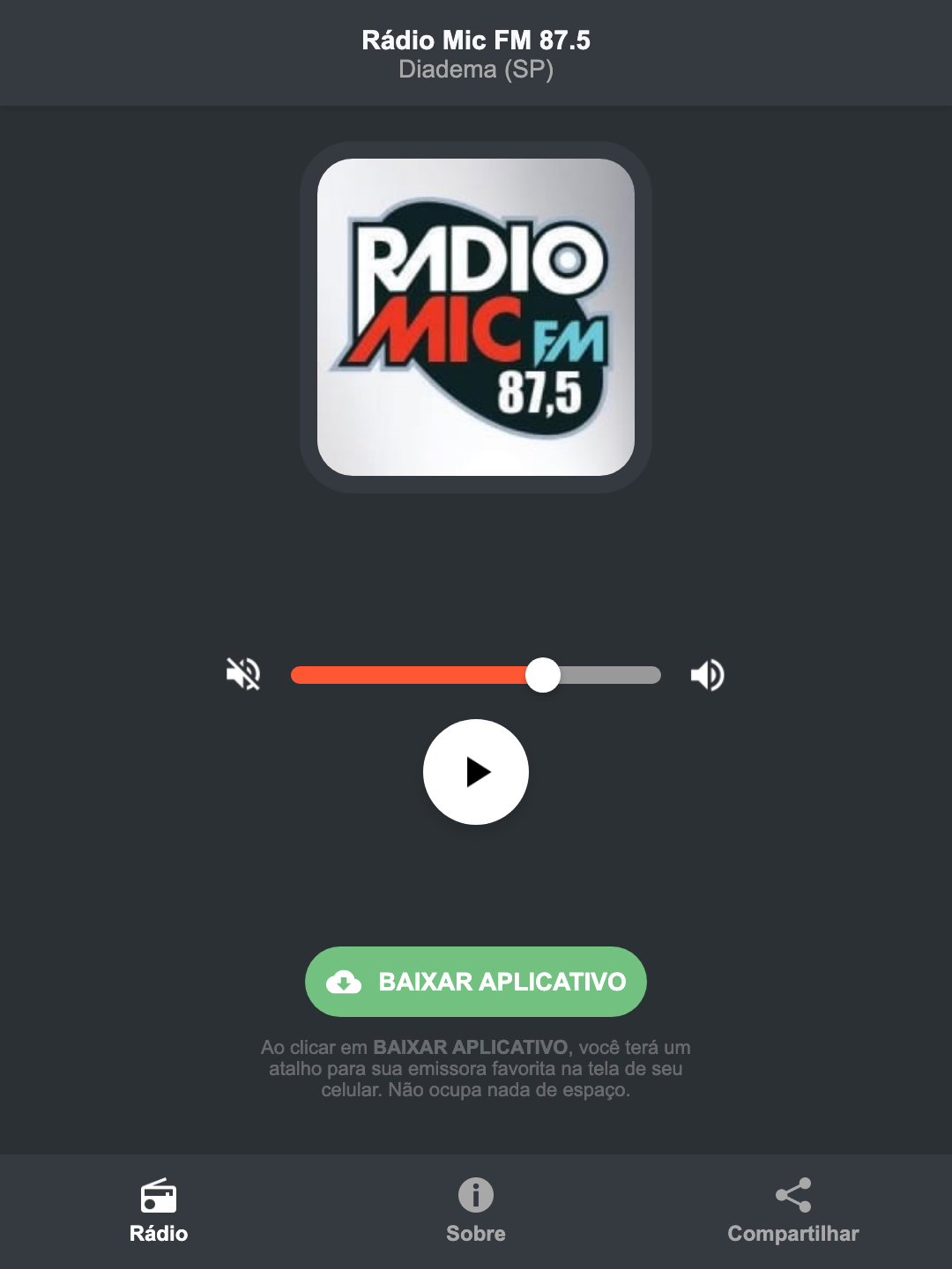 Screenshot do aplicativo da Rádio Mic FM 87.5