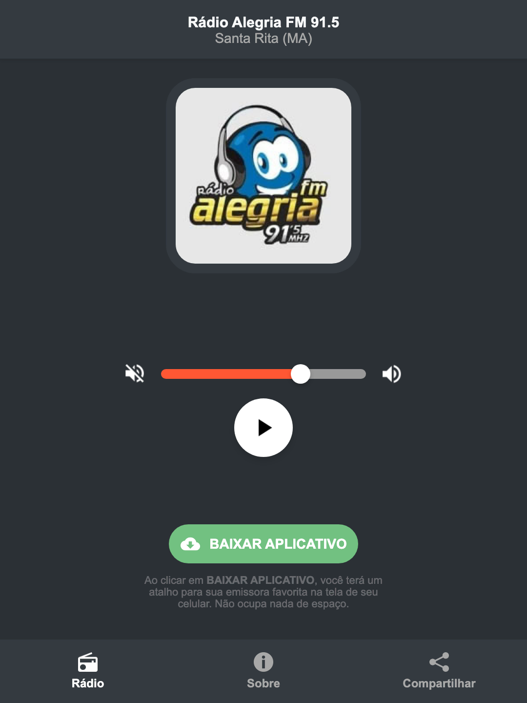 Screenshot do aplicativo da Rádio Alegria FM 91.5