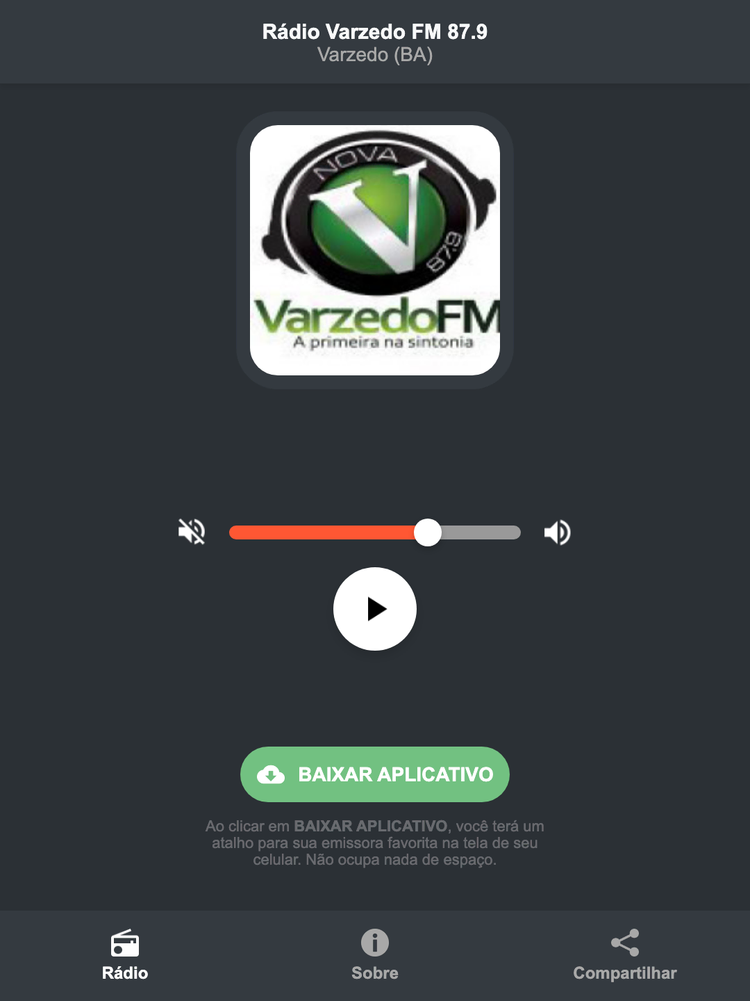 Screenshot do aplicativo da Rádio Varzedo FM 87.9