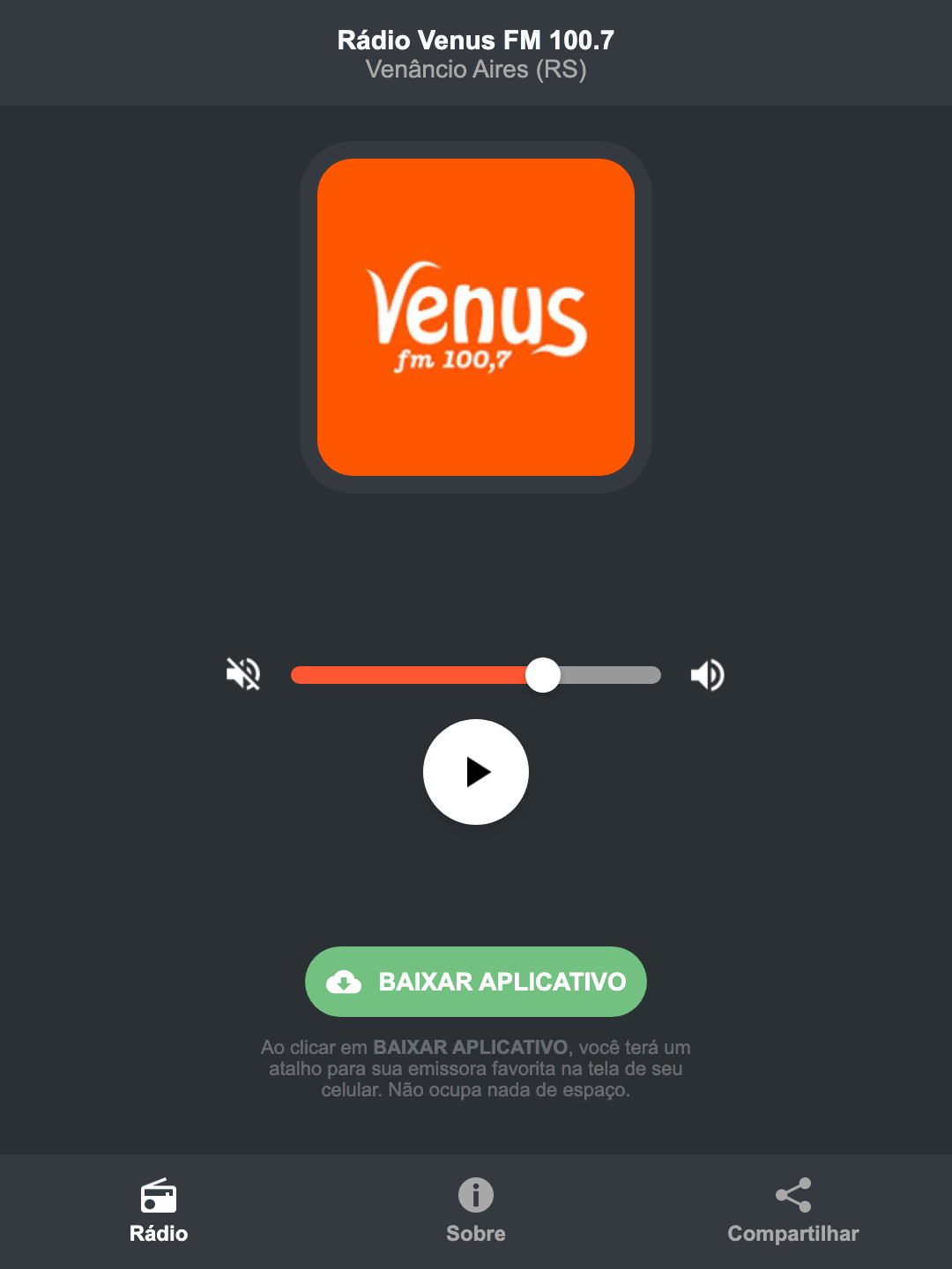 Screenshot do aplicativo da Rádio Venus FM 100.7