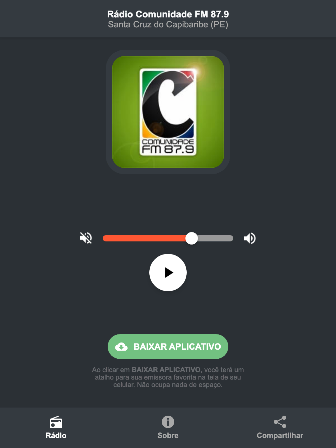 Screenshot do aplicativo da Rádio Comunidade FM 87.9