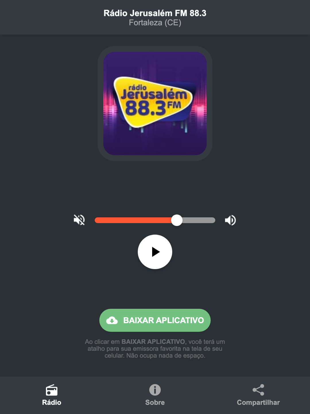 Screenshot do aplicativo da Rádio Jerusalém FM 88.3