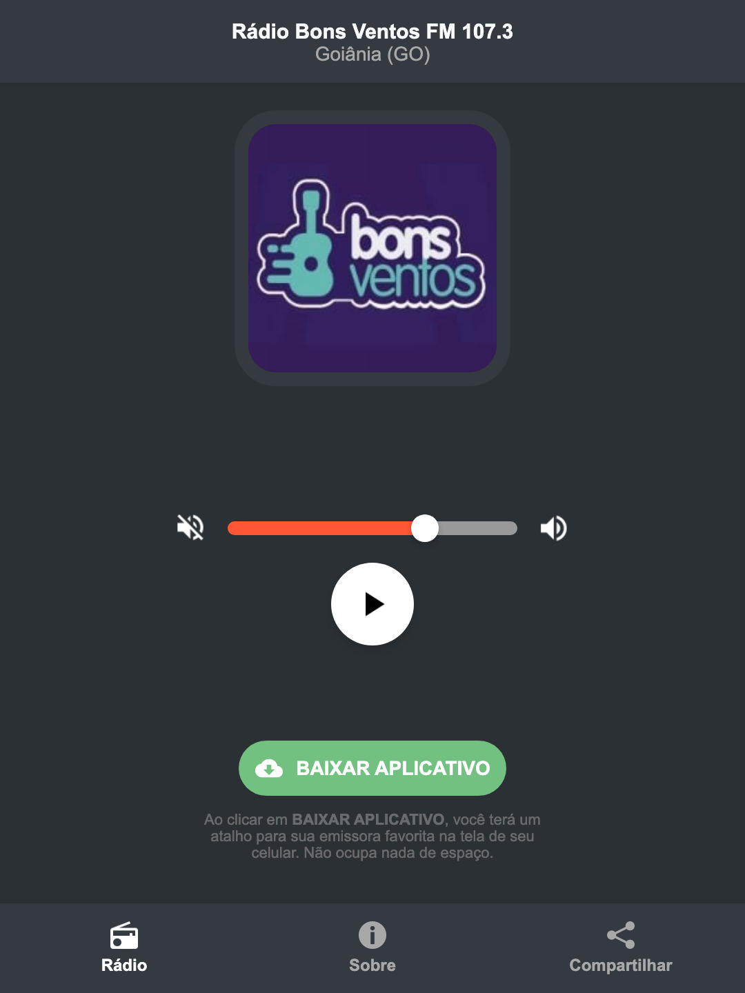 Screenshot do aplicativo da Rádio Bons Ventos FM 107.3