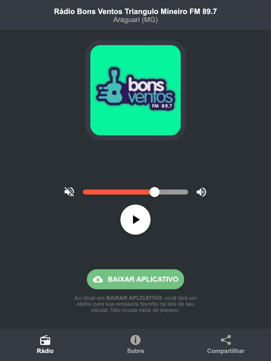Screenshot do aplicativo da Rádio Bons Ventos Triangulo Mineiro FM 89.7