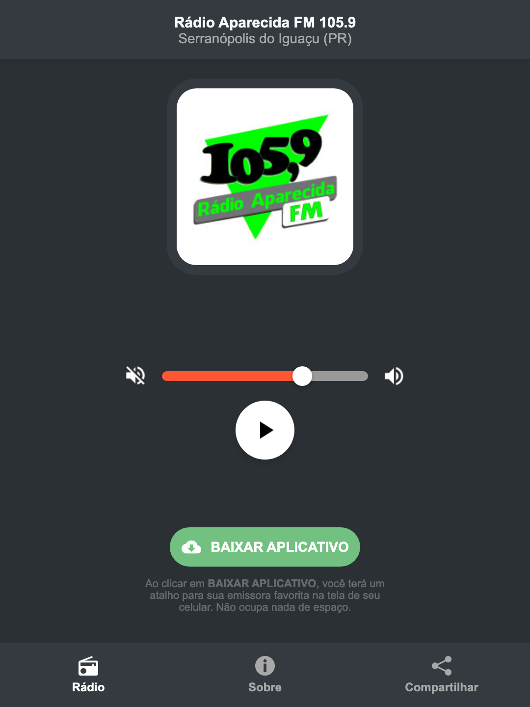 Screenshot do aplicativo da Rádio Aparecida FM 105.9