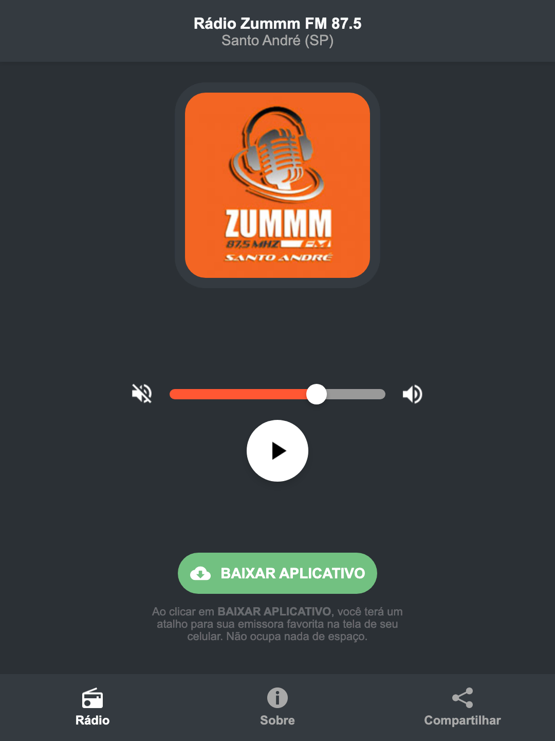 Screenshot do aplicativo da Rádio Zummm FM 87.5