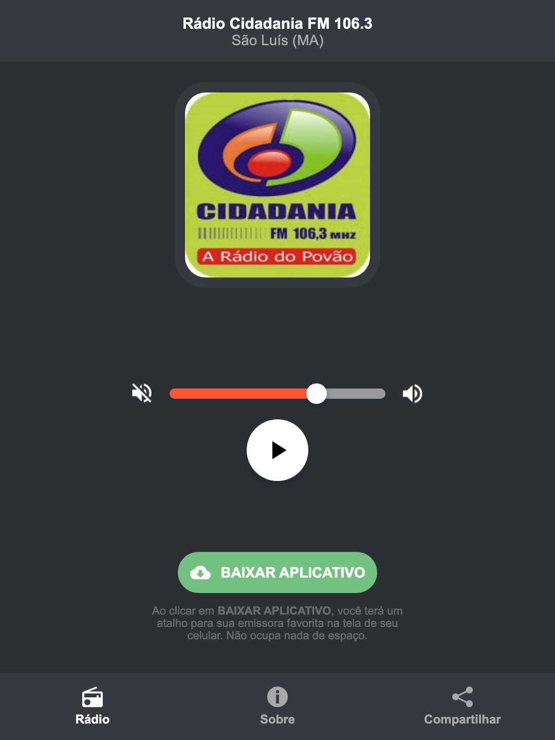 Screenshot do aplicativo da Rádio Cidadania FM 106.3