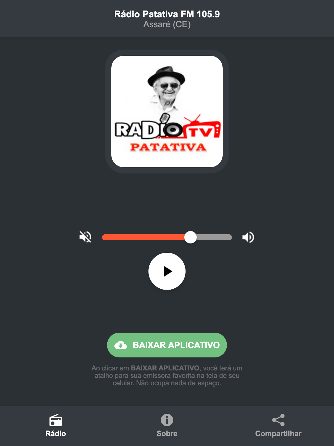 Screenshot do aplicativo da Rádio Patativa FM 105.9