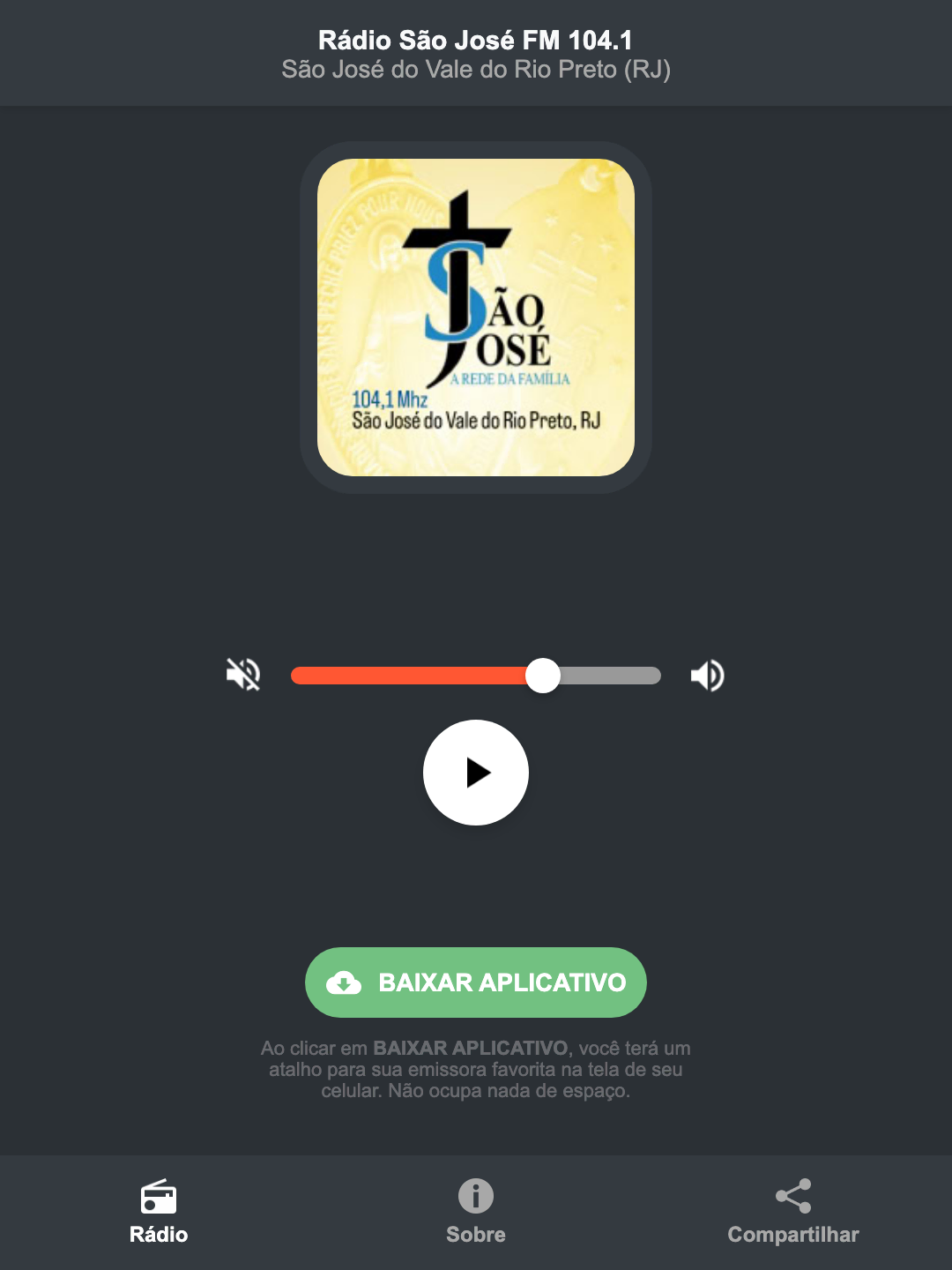 Screenshot do aplicativo da Rádio São José FM 104.1