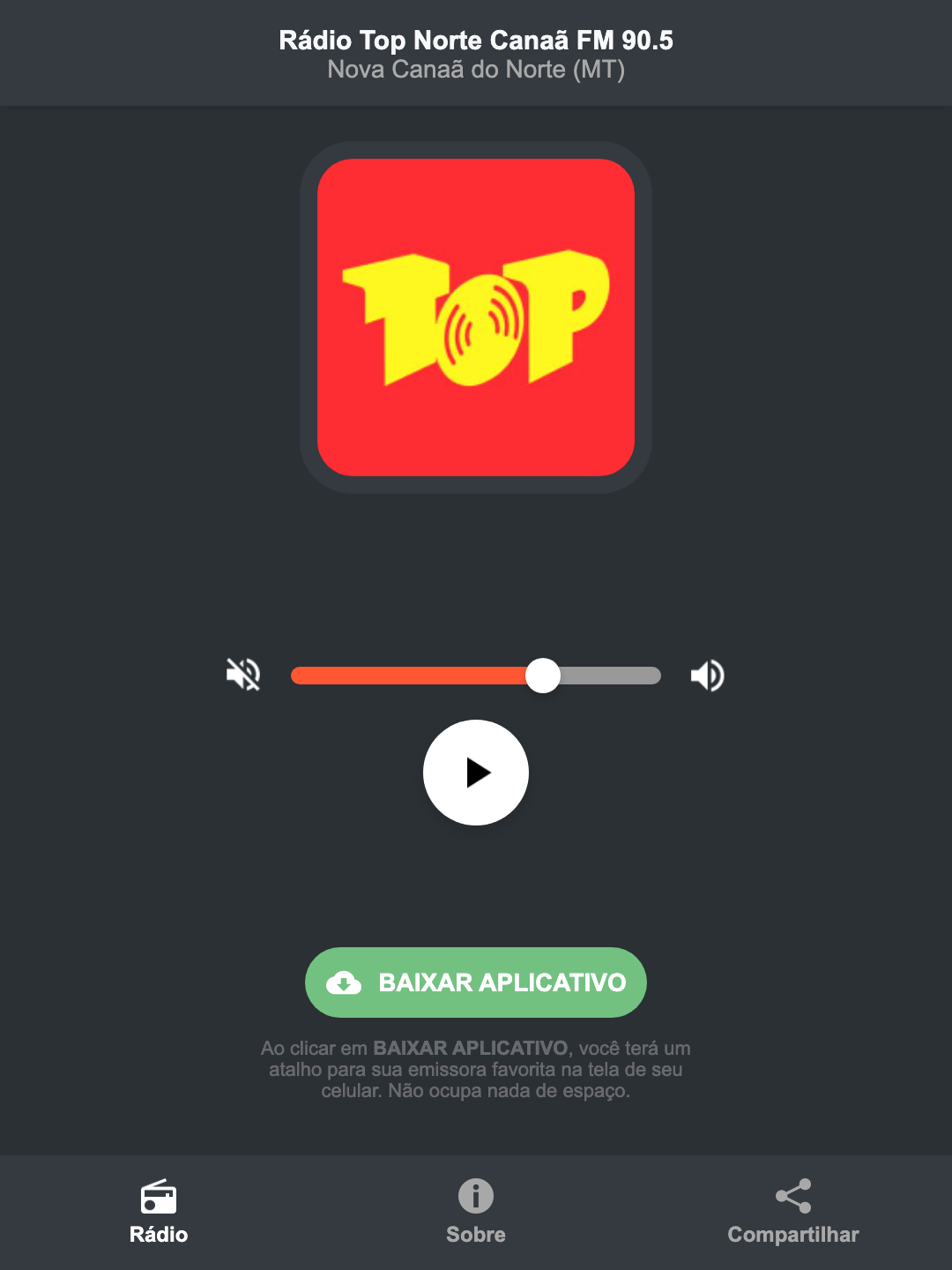 Screenshot do aplicativo da Rádio Top Norte Canaã FM 90.5