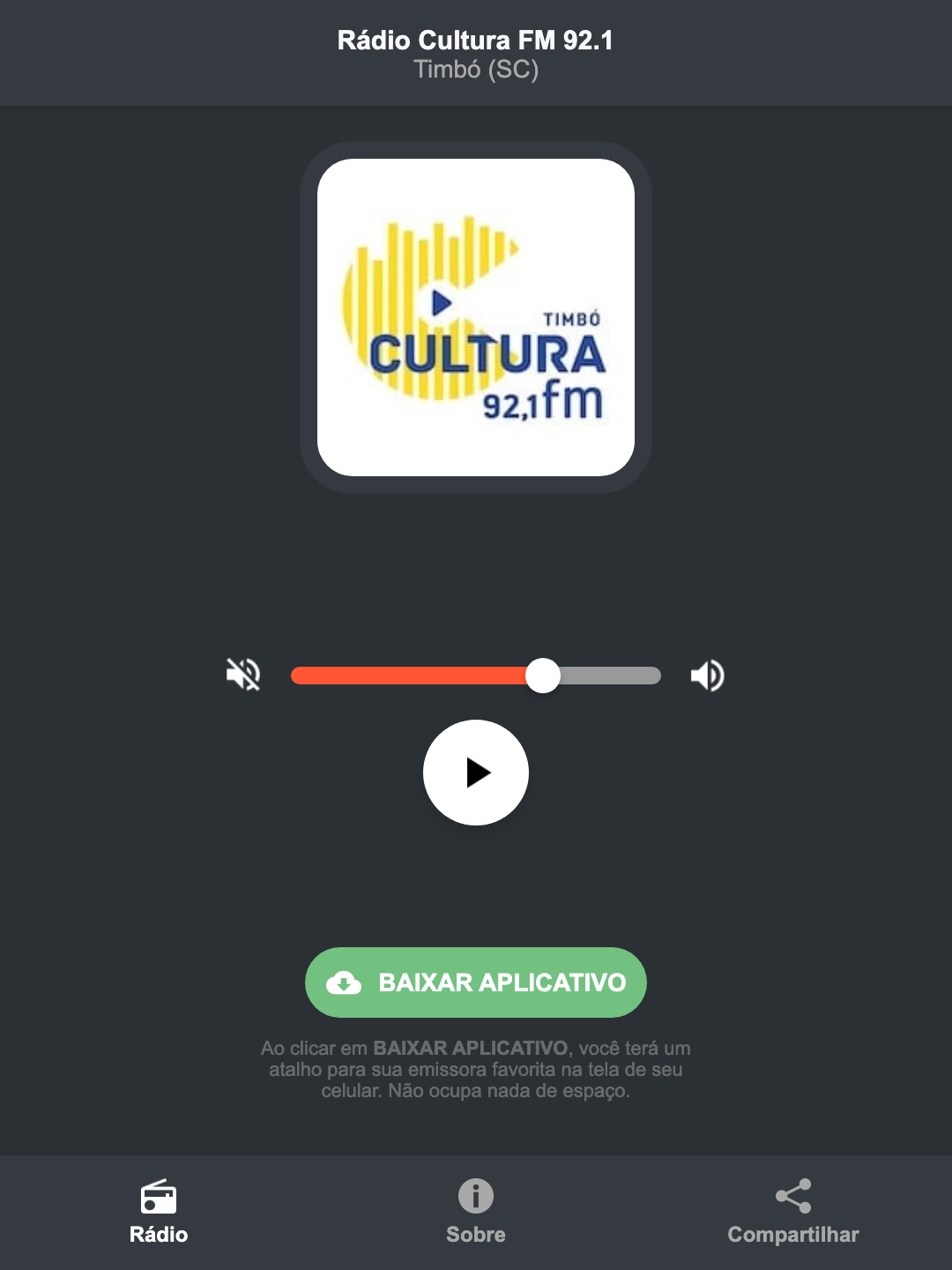 Screenshot do aplicativo da Rádio Cultura FM 92.1
