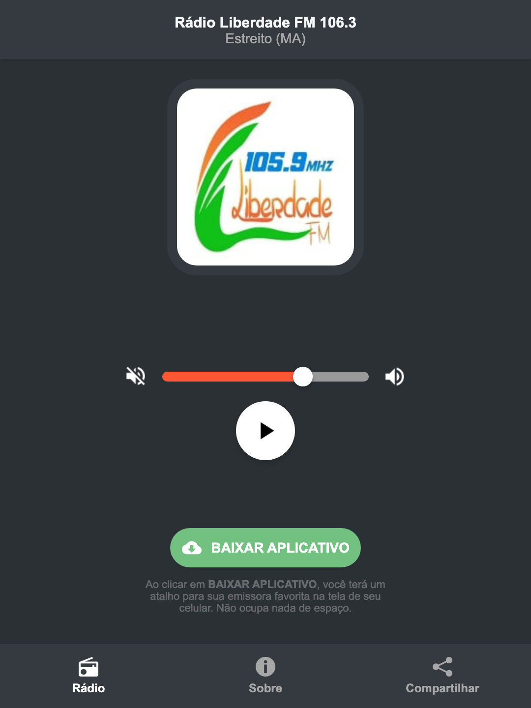 Screenshot do aplicativo da Rádio Liberdade FM 106.3