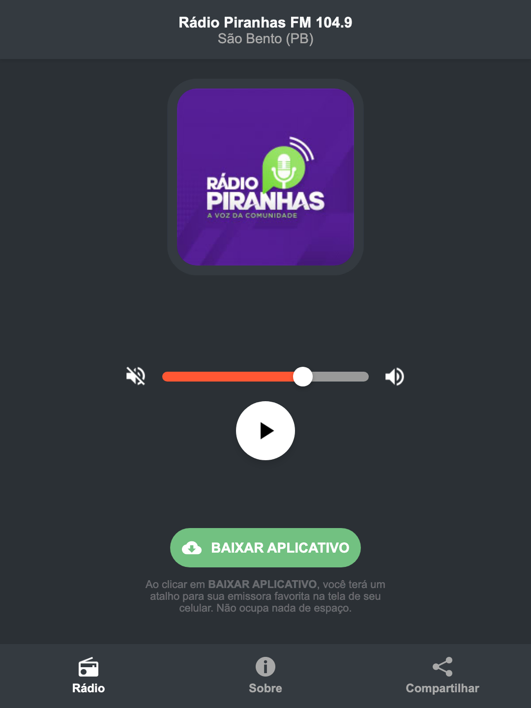 Screenshot do aplicativo da Rádio Piranhas FM 104.9