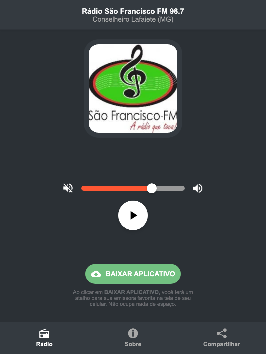Screenshot do aplicativo da Rádio São Francisco FM 98.7