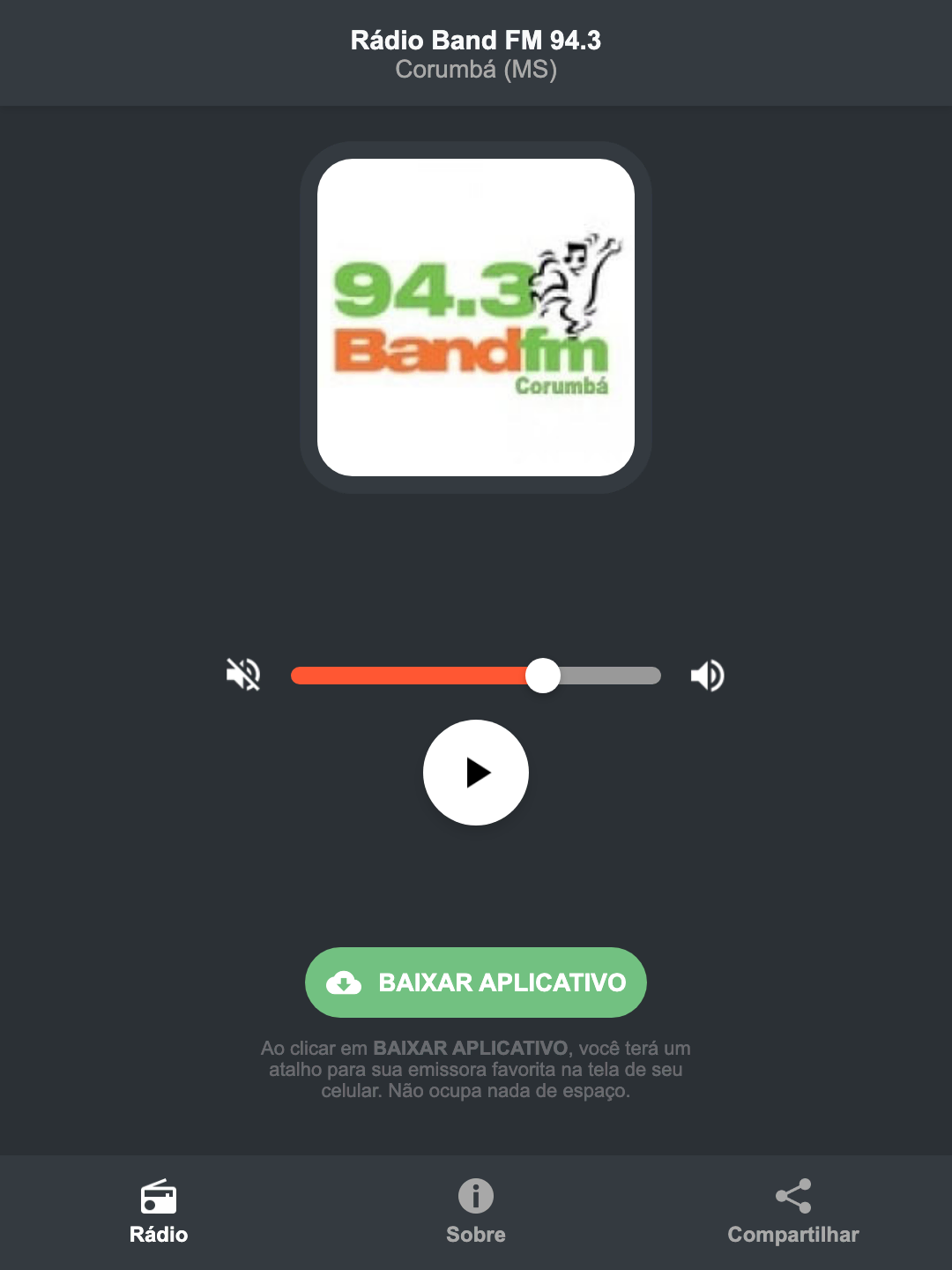 Screenshot do aplicativo da Rádio Band FM 94.3