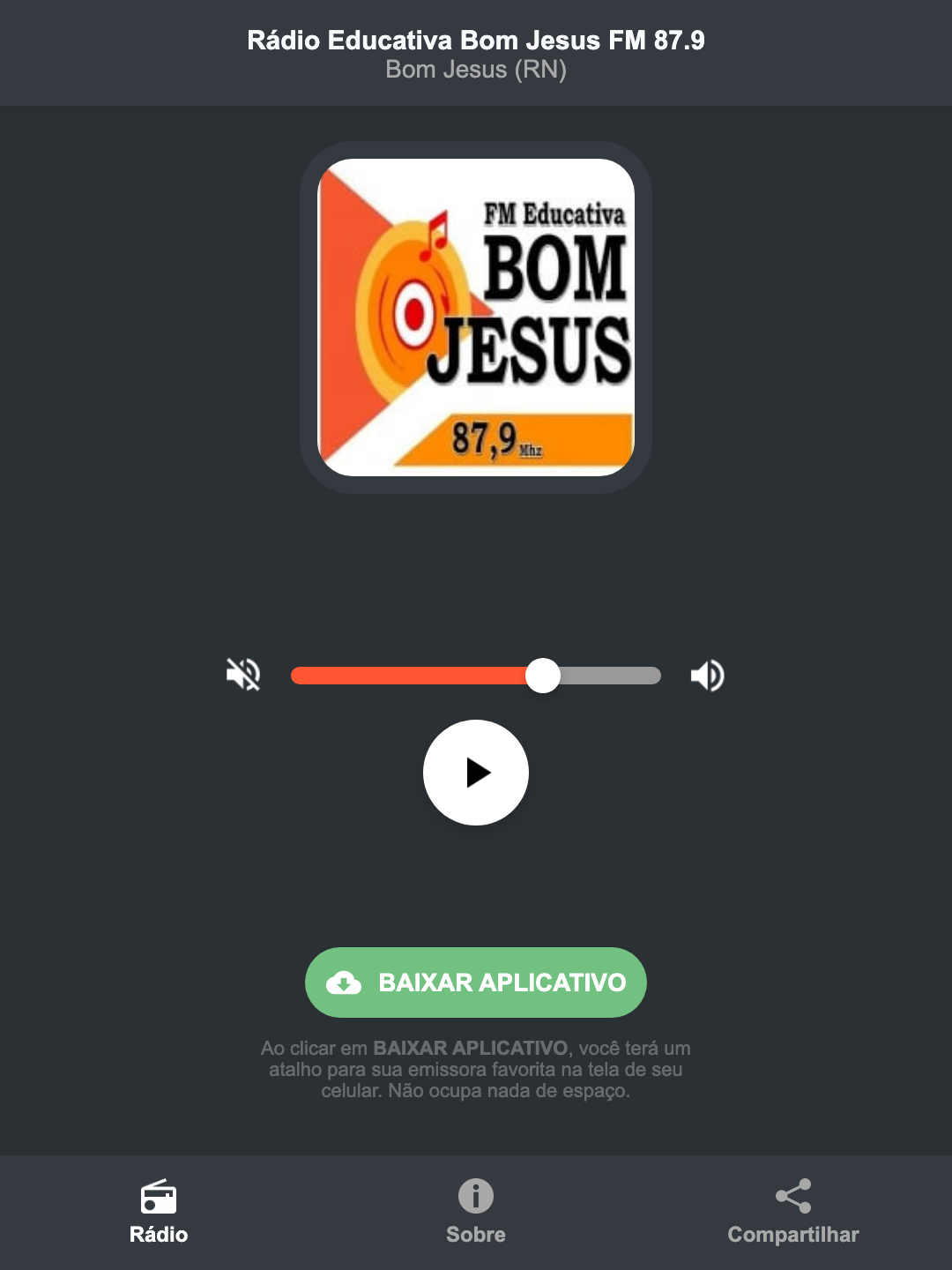 Screenshot do aplicativo da Rádio Educativa Bom Jesus FM 87.9