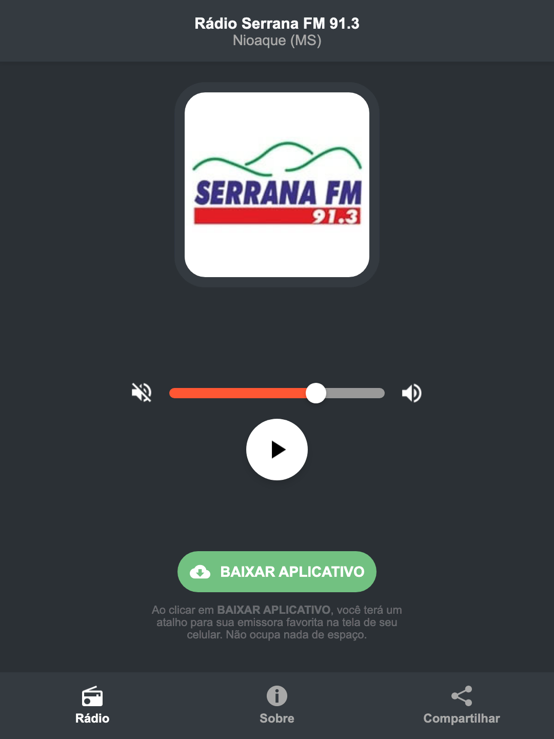 Screenshot do aplicativo da Rádio Serrana FM 91.3
