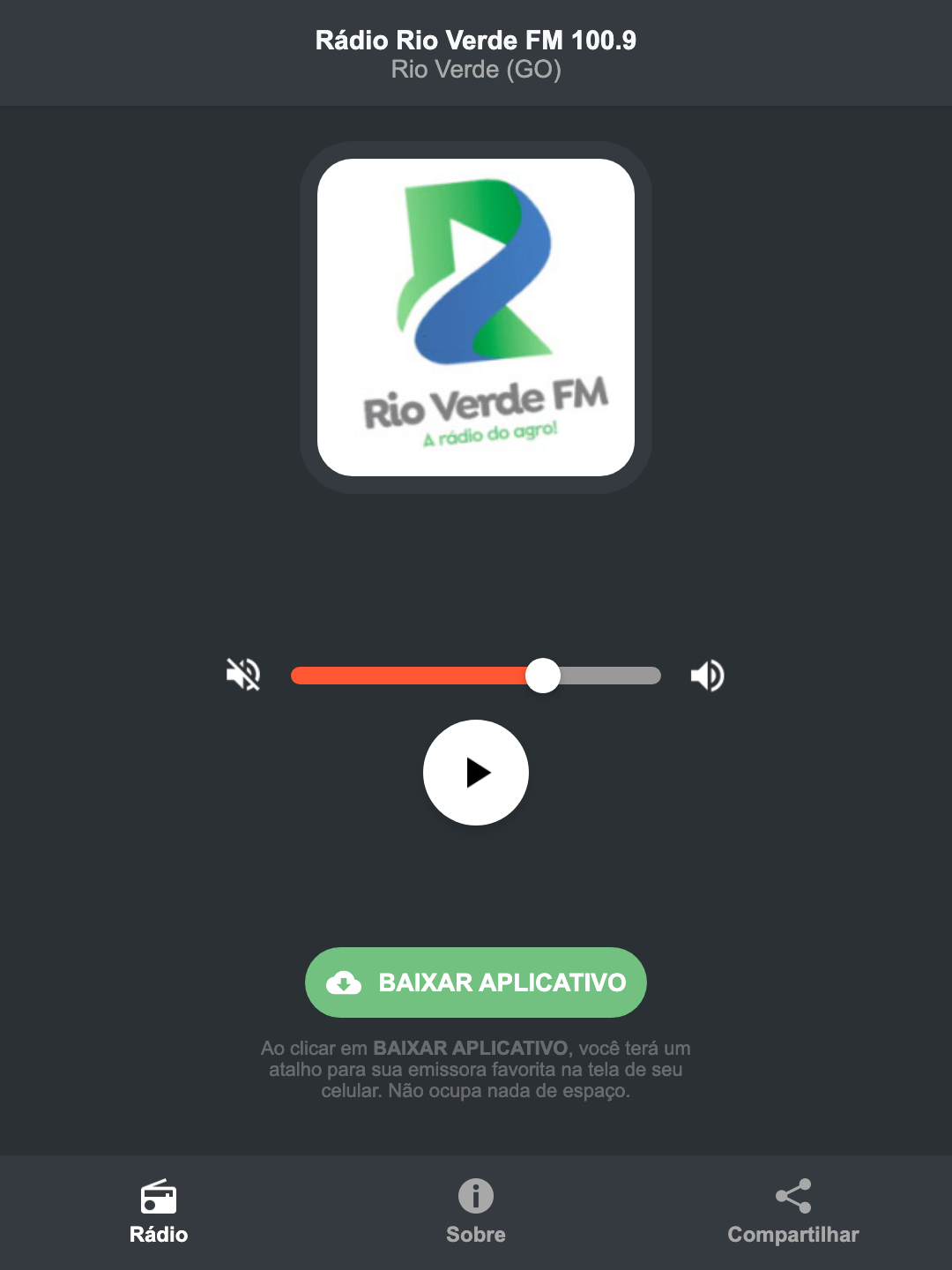 Screenshot do aplicativo da Rádio Rio Verde FM 100.9