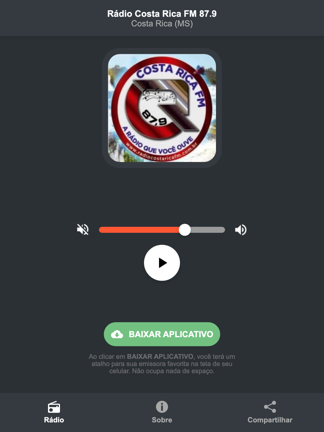 Screenshot do aplicativo da Rádio Costa Rica FM 87.9