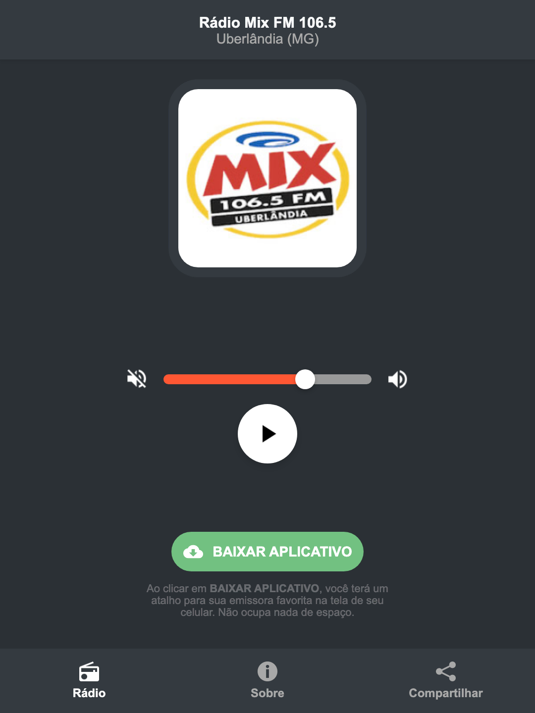 Screenshot do aplicativo da Rádio Mix FM 106.5