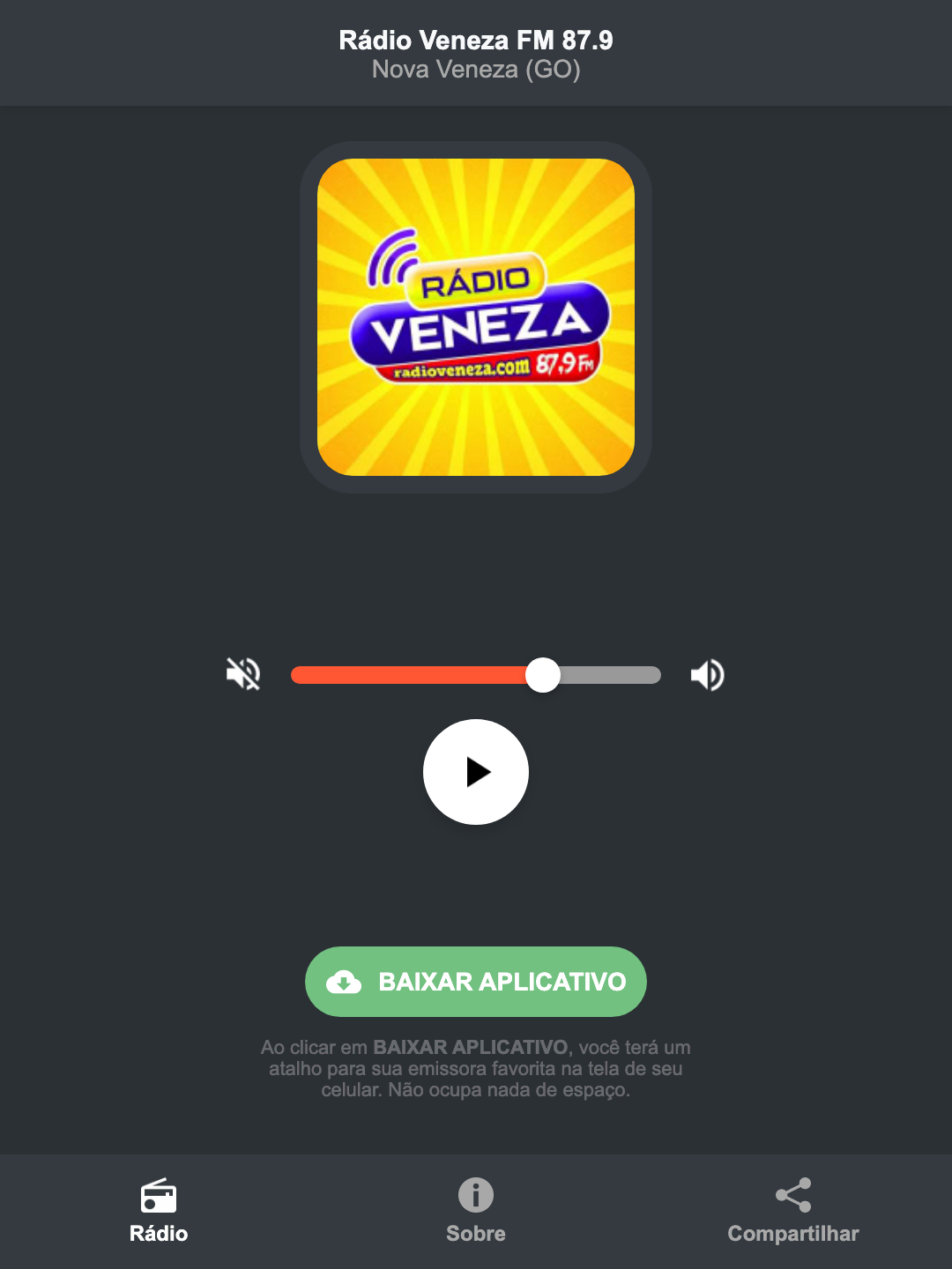 Screenshot do aplicativo da Rádio Veneza FM 87.9