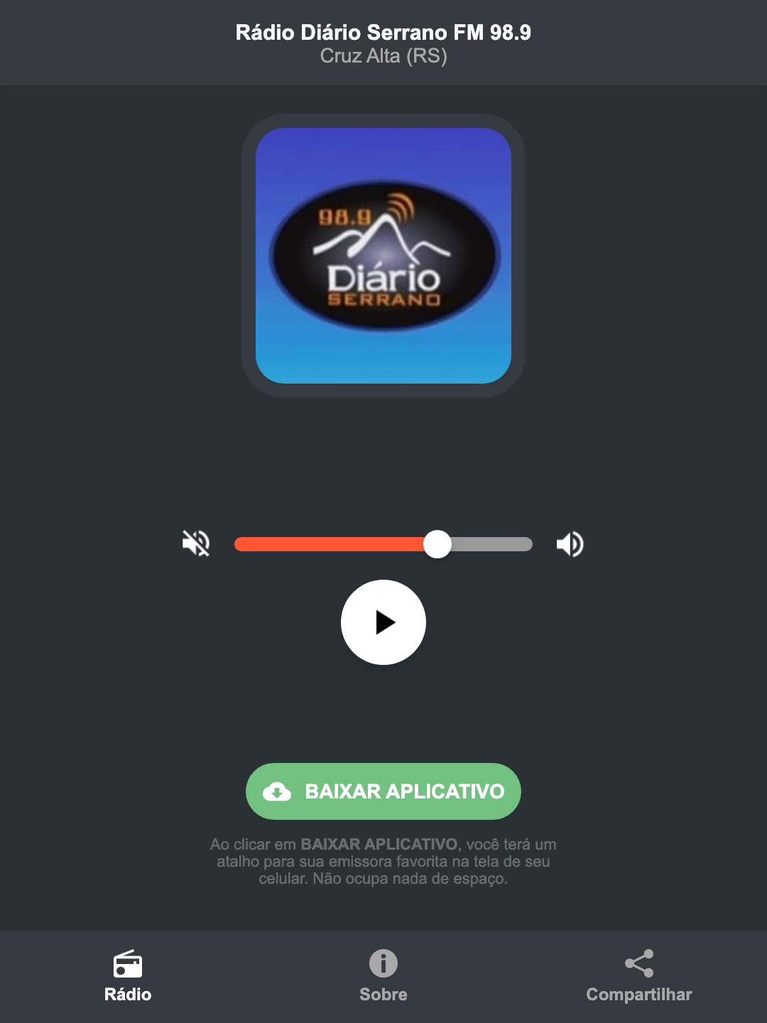 Screenshot do aplicativo da Rádio Diário Serrano FM 98.9
