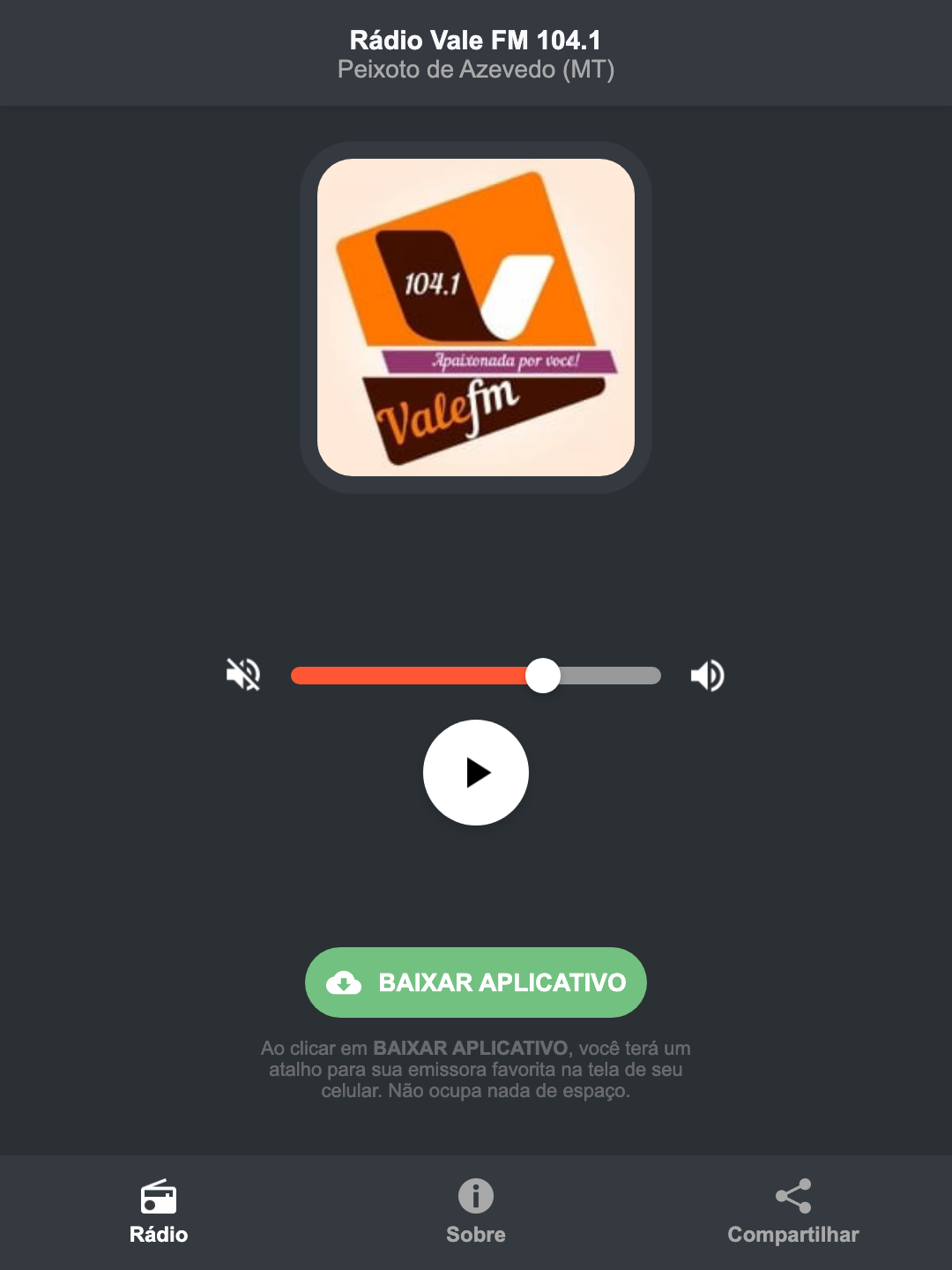 Screenshot do aplicativo da Rádio Vale FM 104.1