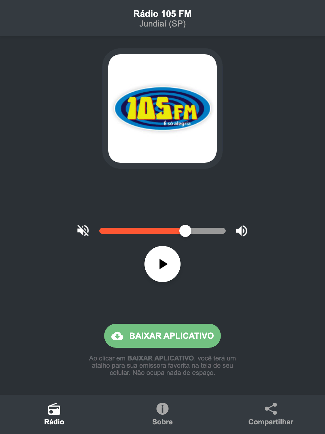 Screenshot do aplicativo da Rádio 105 FM
