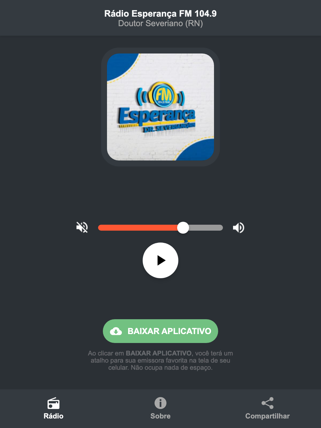Screenshot do aplicativo da Rádio Esperança FM 104.9