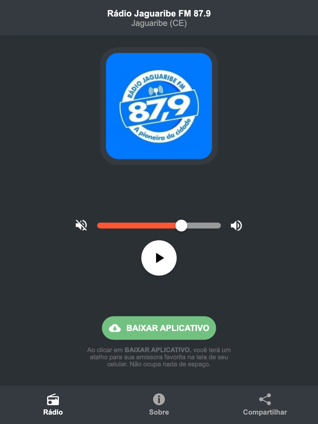 Screenshot do aplicativo da Rádio Jaguaribe FM 87.9