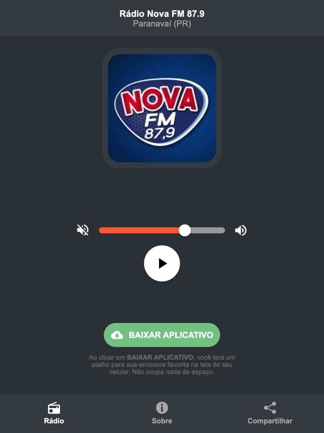 Screenshot do aplicativo da Rádio Nova FM 87.9