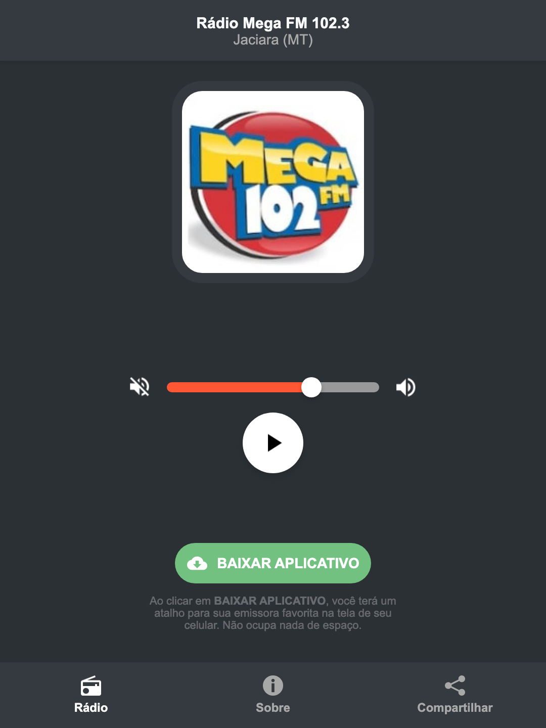 Screenshot do aplicativo da Rádio Mega FM 102.3