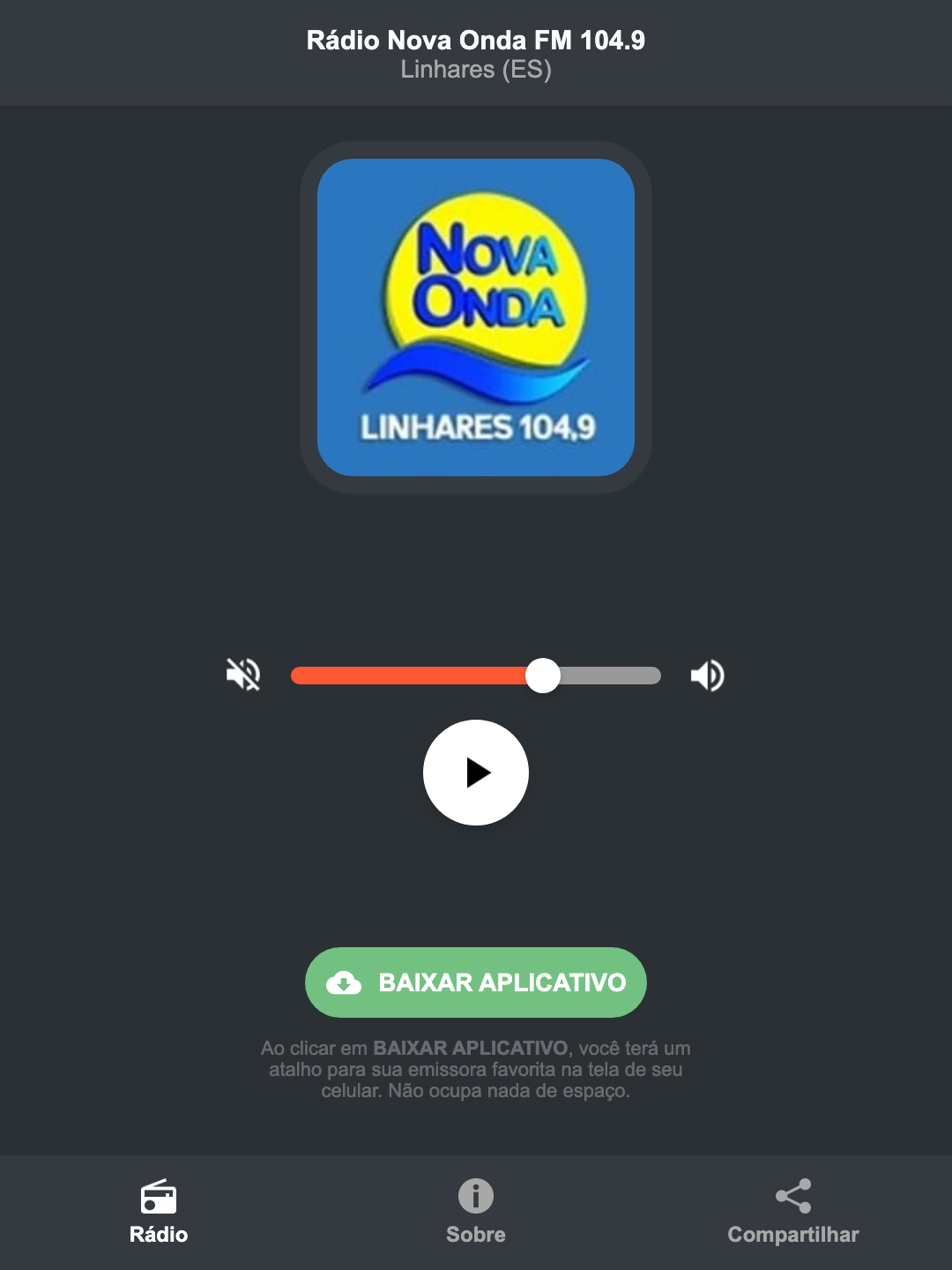 Screenshot do aplicativo da Rádio Nova Onda FM 104.9