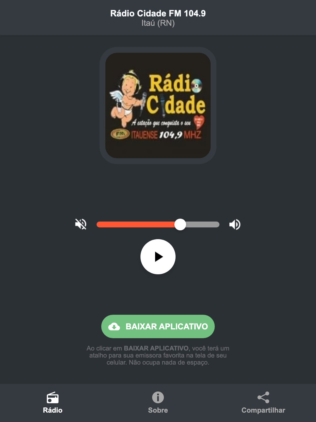 Screenshot do aplicativo da Rádio Cidade FM 104.9