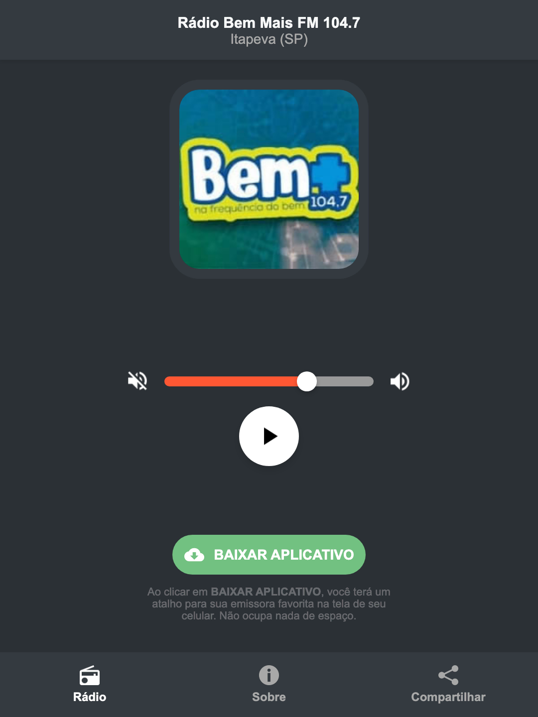 Screenshot do aplicativo da Rádio Bem Mais FM 104.7