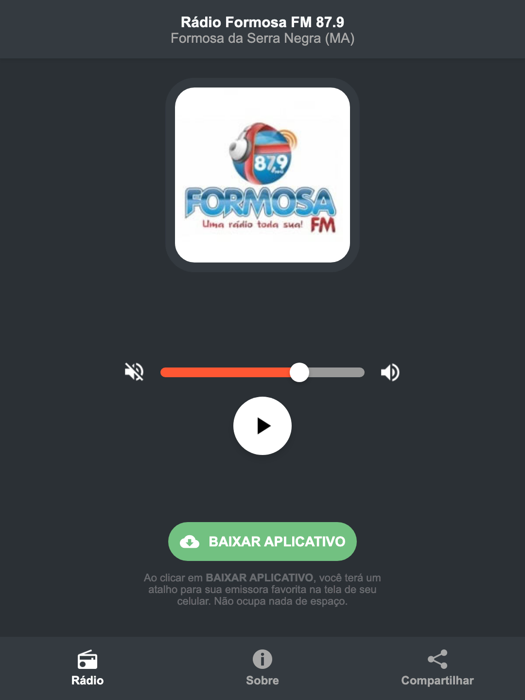 Screenshot do aplicativo da Rádio Formosa FM 87.9