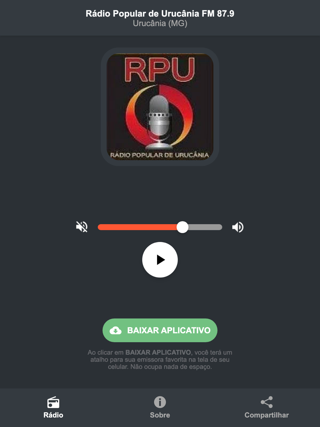 Screenshot do aplicativo da Rádio Popular de Urucânia FM 87.9