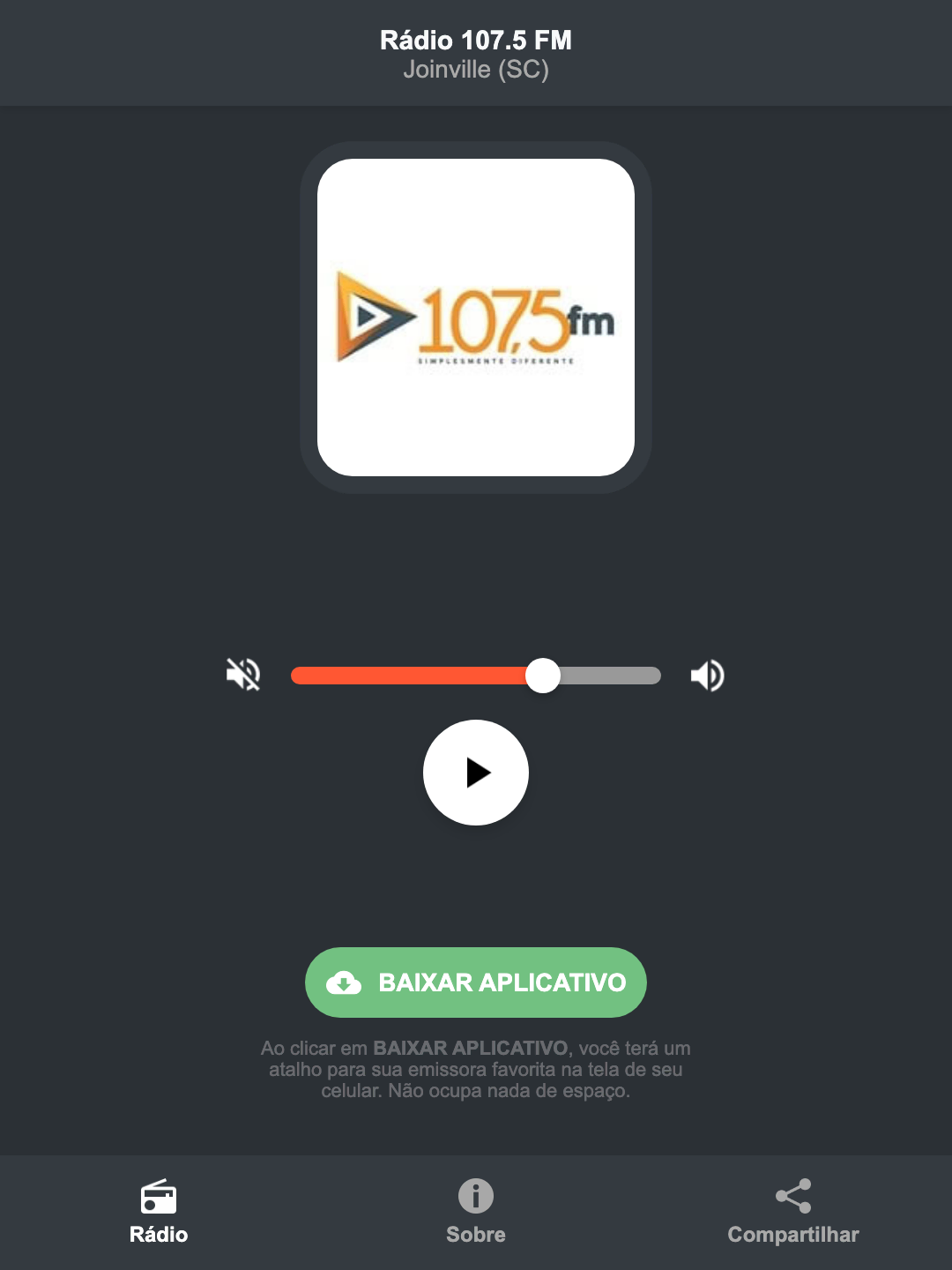Screenshot do aplicativo da Rádio 107.5 FM