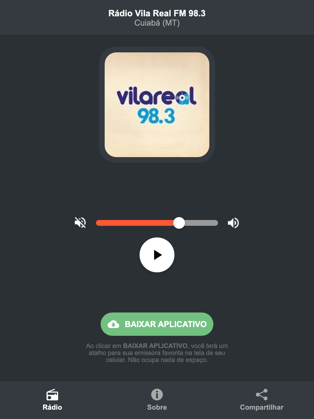 Screenshot do aplicativo da Rádio Vila Real FM 98.3