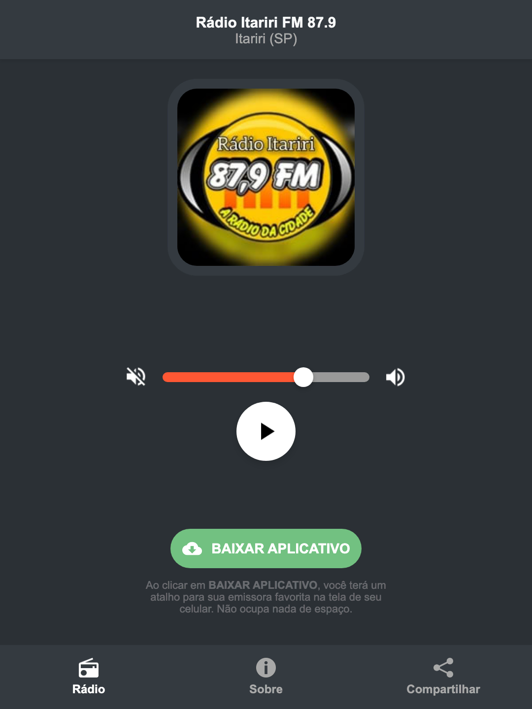 Screenshot do aplicativo da Rádio Itariri FM 87.9