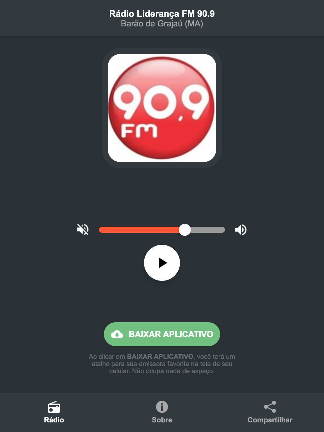 Screenshot do aplicativo da Rádio Liderança FM 90.9