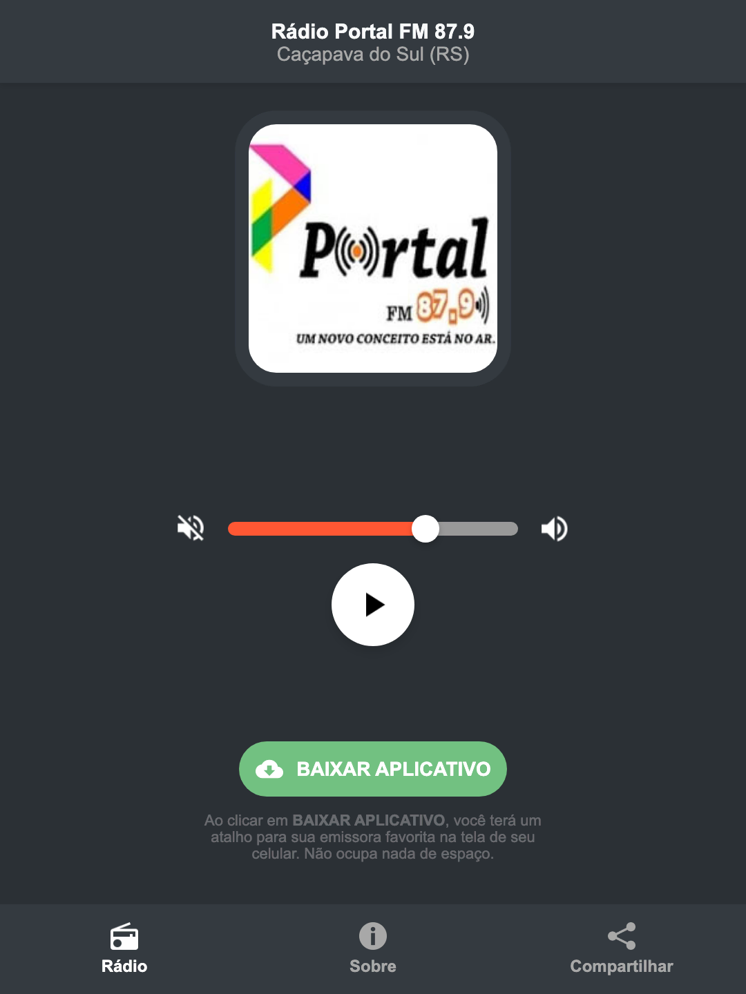 Screenshot do aplicativo da Rádio Portal FM 87.9
