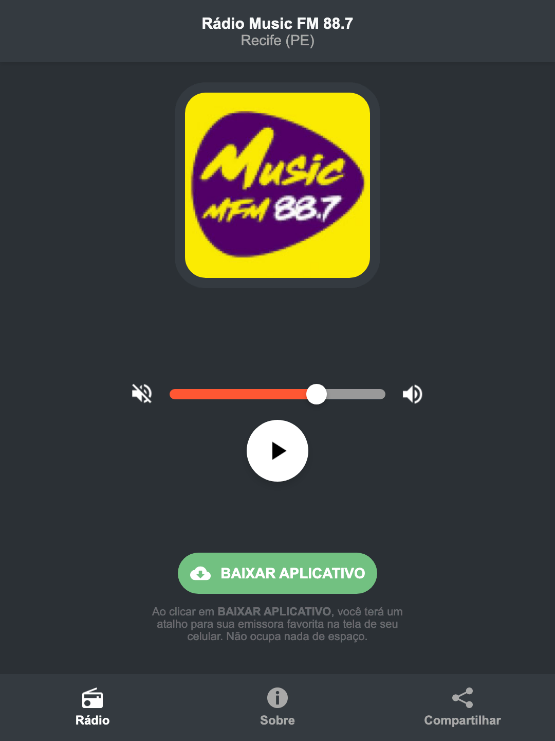 Screenshot do aplicativo da Rádio Music FM 88.7