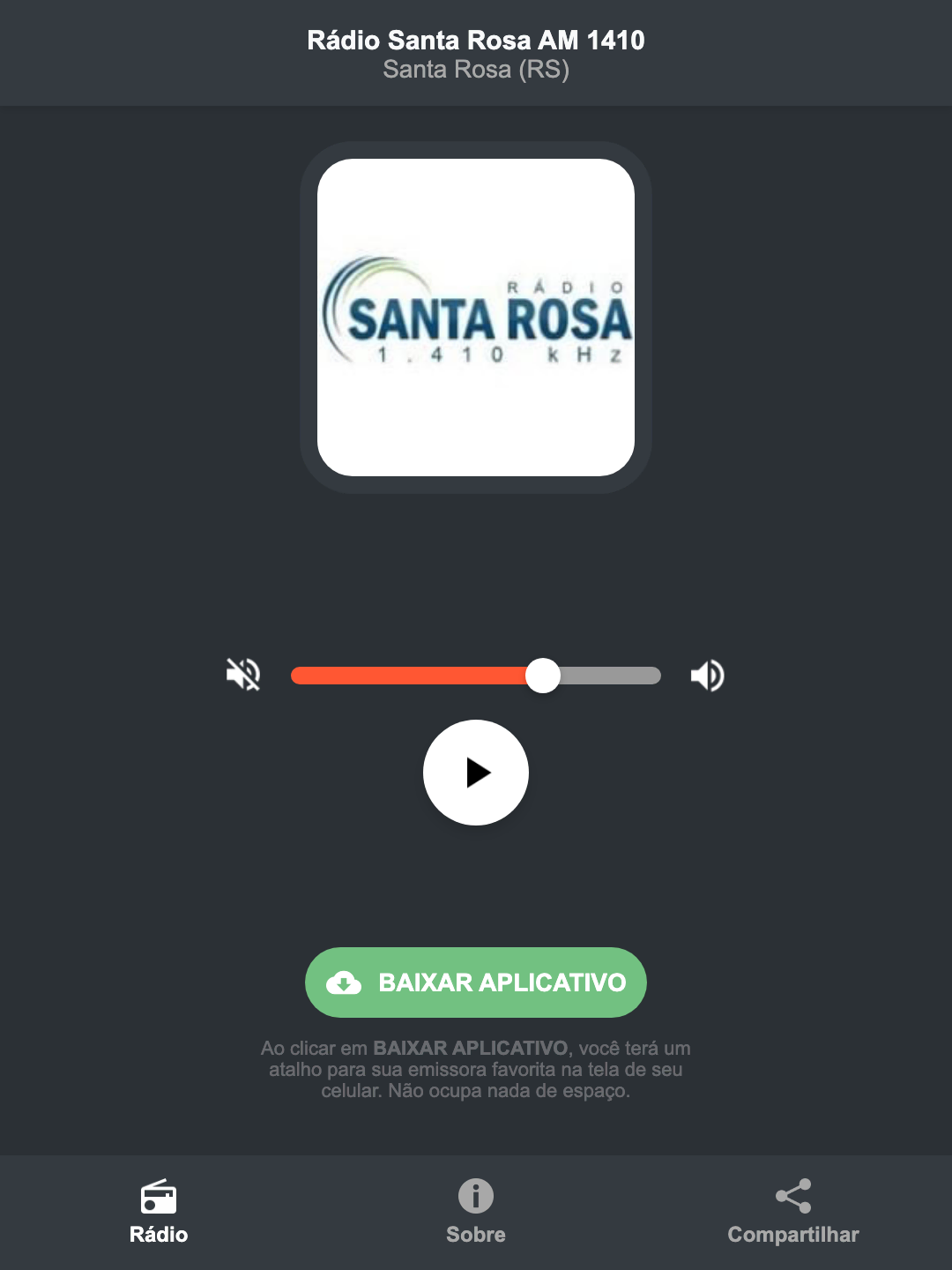 Screenshot do aplicativo da Rádio Santa Rosa AM 1410