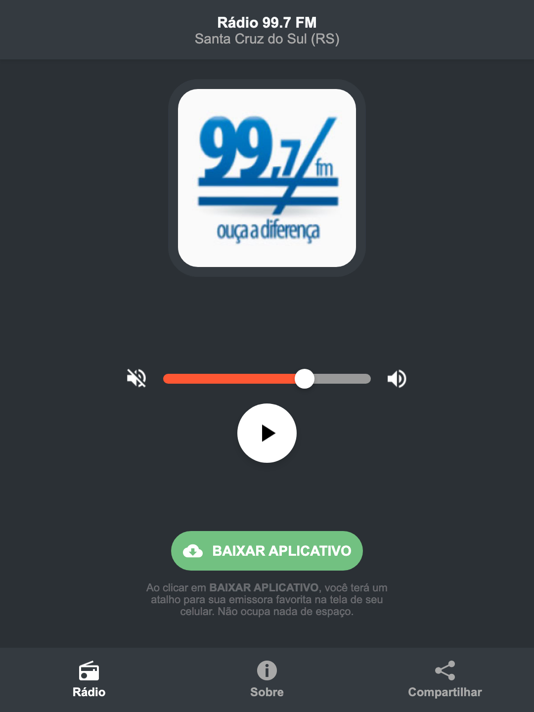 Screenshot do aplicativo da Rádio 99.7 FM
