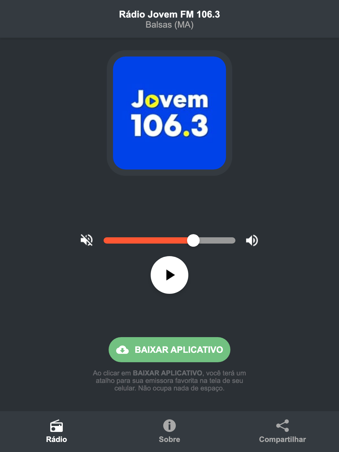 Screenshot do aplicativo da Rádio Jovem FM 106.3